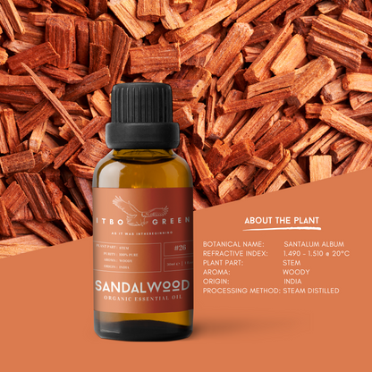 Organic Indian Sandalwood Essential Oil - 30ml / 1oz UV Bottle | Pure Woody Oil | Unblended | Aromatherapy | Vegan | Spirituality| Nature Heals - ITBO Green